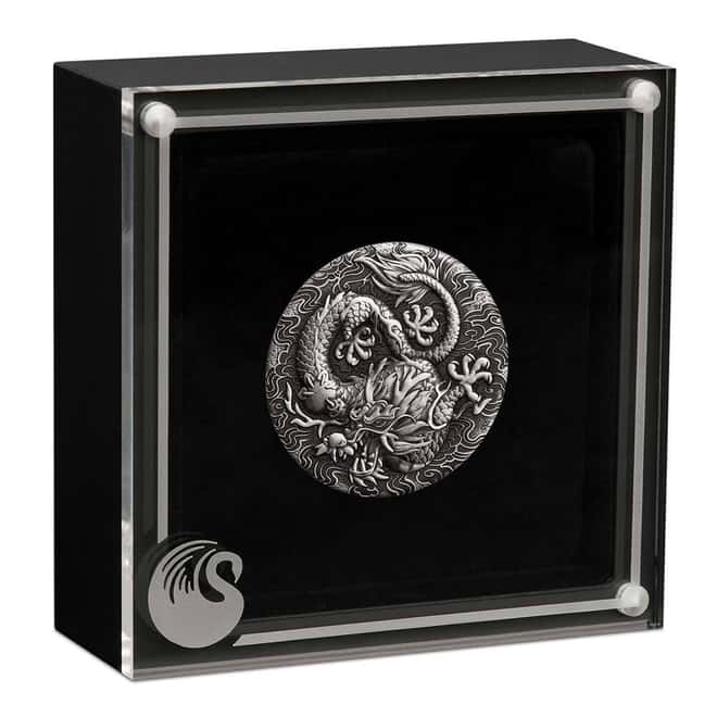 2022 2 oz Myths & Legends Dragon Antiqued Silver Coin Perth Mint