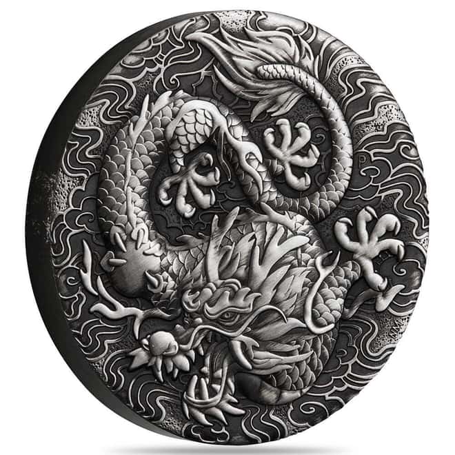 2022 2 oz Myths & Legends Dragon Antiqued Silver Coin Perth Mint