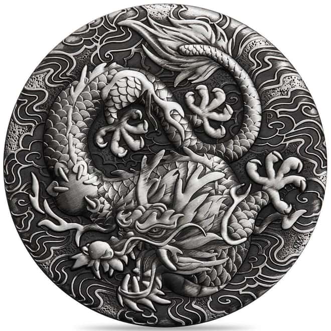 2022 2 oz Myths & Legends Dragon Antiqued Silver Coin Perth Mint