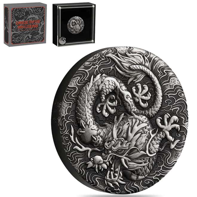 2022 2 oz Myths & Legends Dragon Antiqued Silver Coin Perth Mint