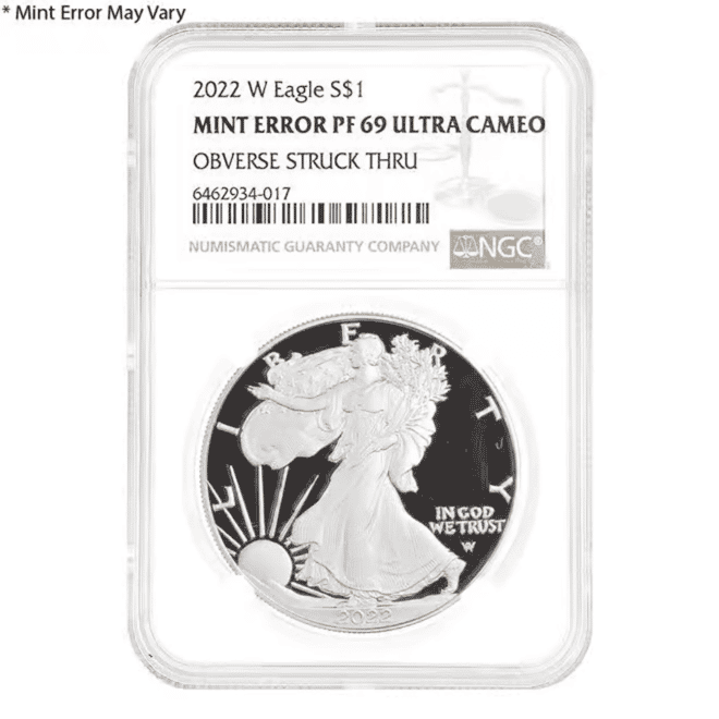2022-W 1 oz Proof Silver American Eagle NGC PF 69 Mint Error (Obv Struck Thru)