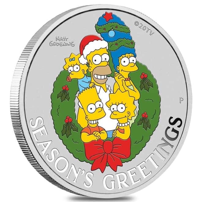 2022 1 oz Tuvalu The Simpsons Season's Greetings Colorized Silver Coin .9999 Fine BU