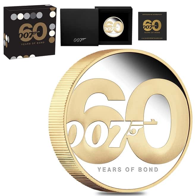 2022 2 oz Tuvalu James Bond - 60 Years of Bond Proof Gilded Silver Coin .9999 Fine (w/Box & COA)