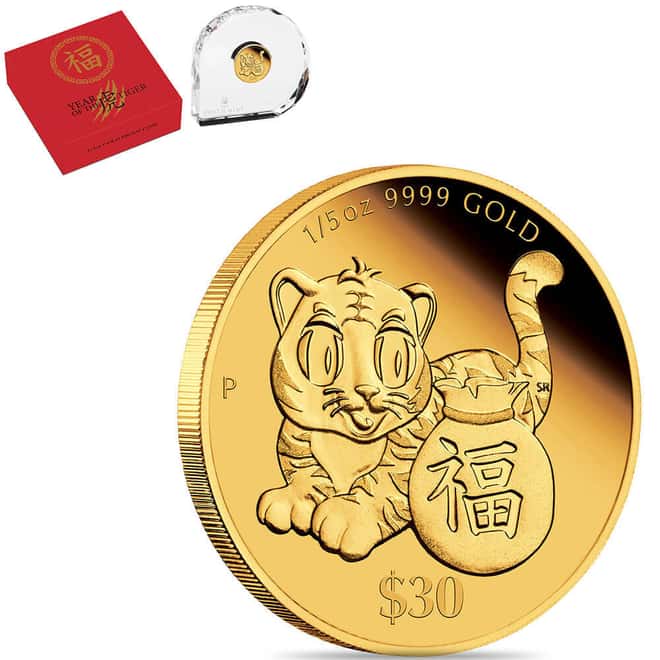 2022 1/5 oz Proof Gold Lunar Tiger Coin Astrological Series Australian Perth Mint