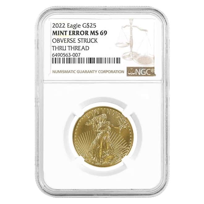 2022 1/2 oz $25 Gold American Eagle NGC MS 69 Mint Error (Obv Struck Thru Thread)