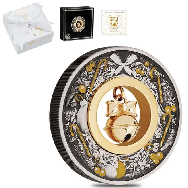 2022 2 oz Jingle Bell Antiqued Silver Coin Australian Perth Mint (w/Box & COA)