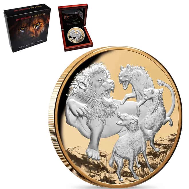 2022 5 oz Niue Apex Predators Lion & Hyena Proof Silver Coin
