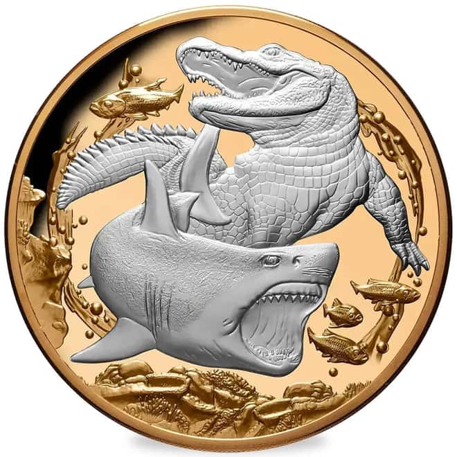 2022 5 oz Niue Apex Predators Crocodile & Shark Proof Silver Coin