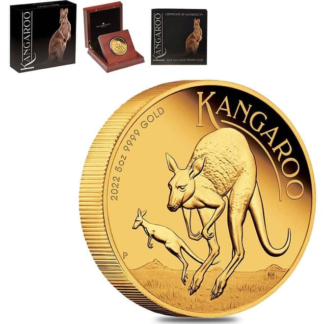 2022 5 oz Proof Gold Australian Kangaroo Perth Mint Coin .9999 Fine (w/Box & COA)