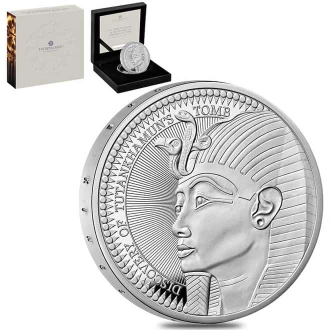 a 2022 UK 28.28 gram Discovery of Tutankhamun's Tomb Proof Silver Coin .925 Fine (w/Box & COA)