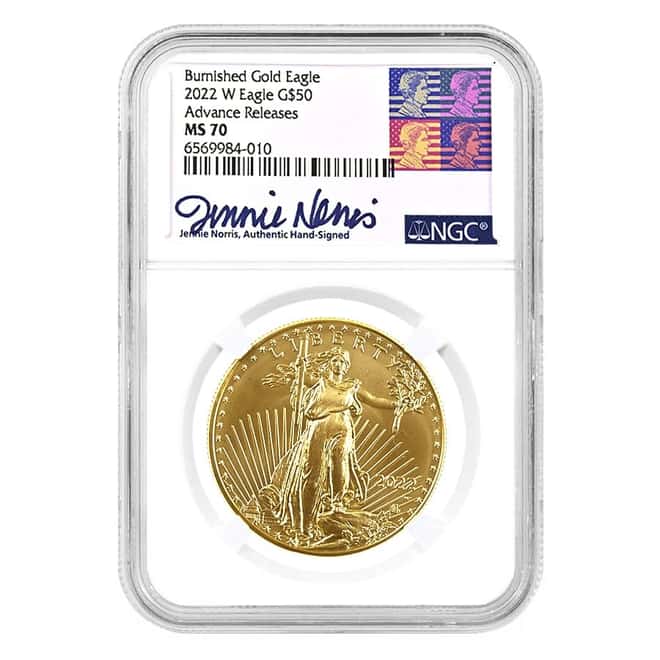 2022 W 1 oz $50 Burnished Gold American Eagle NGC MS 70 Advance Releases (Norris Sign)