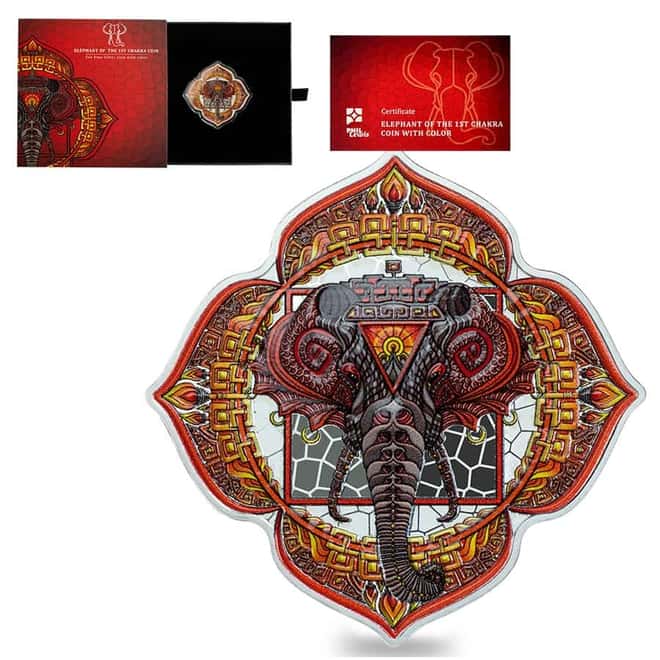 2022 Solomon Islands 2 oz Elephant of the 1st Chakra Colorized Silver Coin .9999 Fine (w/Box & COA)