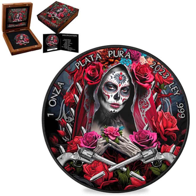 2023 1 oz Colorized Mexican Silver Libertad Coin Santa Muerte (w/Box & COA)