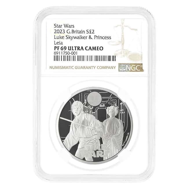2023 Great Britain 1 oz Star Wars Luke Skywalker & Princess Leia Proof Silver Coin NGC PF 69 UCAM