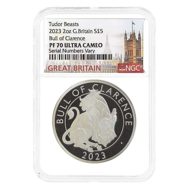 2023 GB 2 oz Proof Silver The Tudor Beasts Bull of Clarence Coin NGC PF 70 UCAM