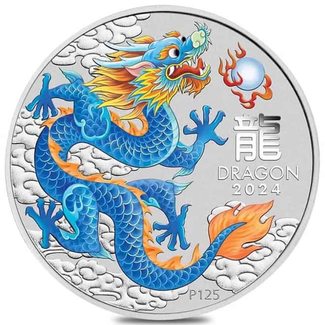 2024 1/2 oz Colorized Lunar Blue Dragon Silver Coin BU Perth Mint