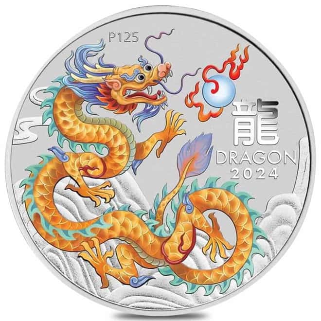 2024 1/2 oz Colorized Lunar Golden Dragon Silver Coin BU Perth Mint