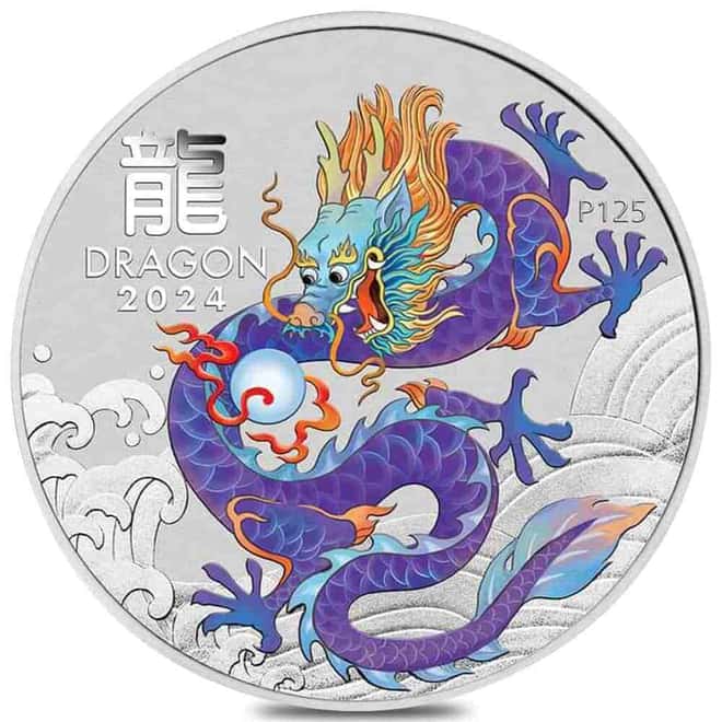 2024 1/2 oz Colorized Lunar Purple Dragon Silver Coin BU Perth Mint