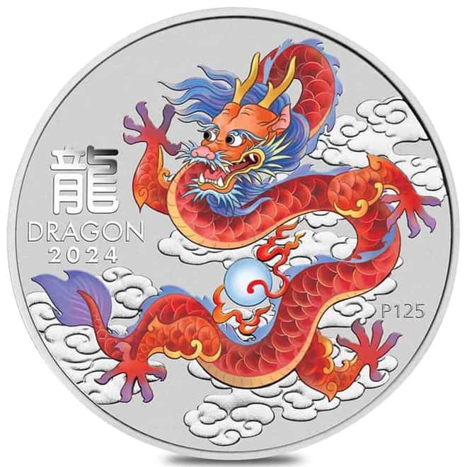 2024 1/2 oz Colorized Lunar Red Dragon Silver Coin BU Perth Mint