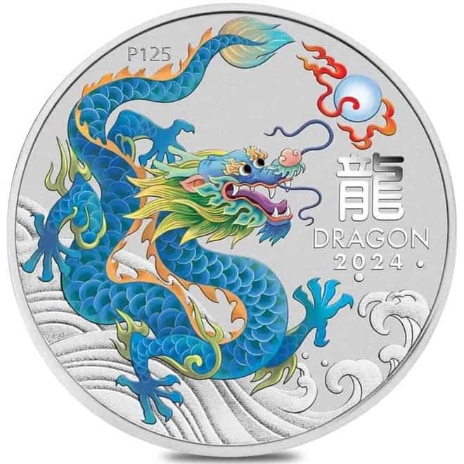 2024 1/2 oz Colorized Lunar Teal Dragon Silver Coin BU Perth Mint