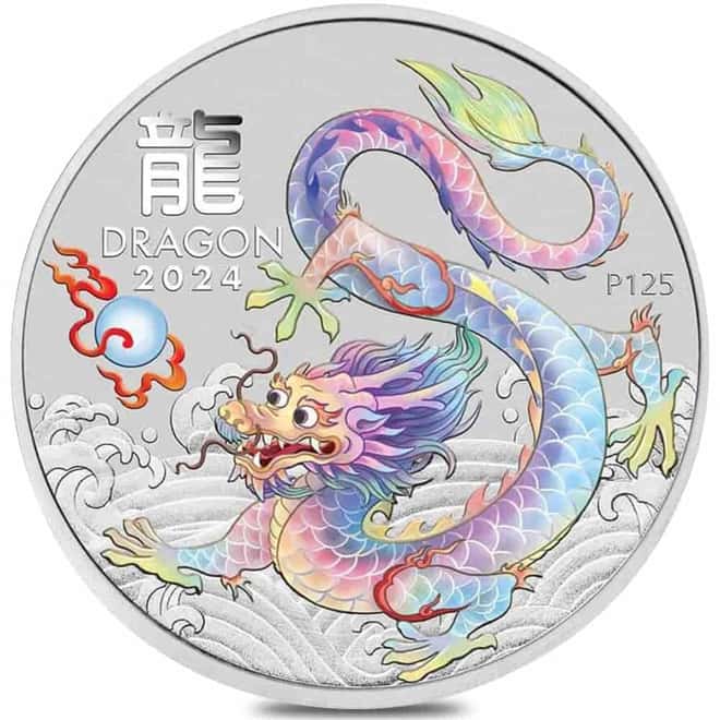 2024 1/2 oz Colorized Lunar White Dragon Silver Coin BU Perth Mint