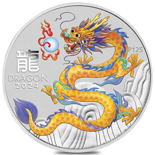 2024 1/2 oz Colorized Lunar Yellow Dragon Silver Coin BU Perth Mint