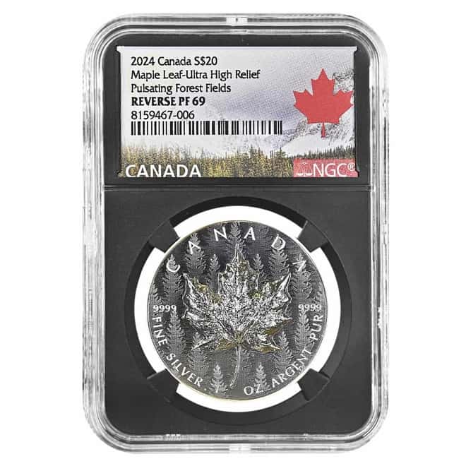 2024 1 oz Canadian Silver Maple Leaf Pulsating Forest Fields Ultra High Relief NGC Reverse PF 69