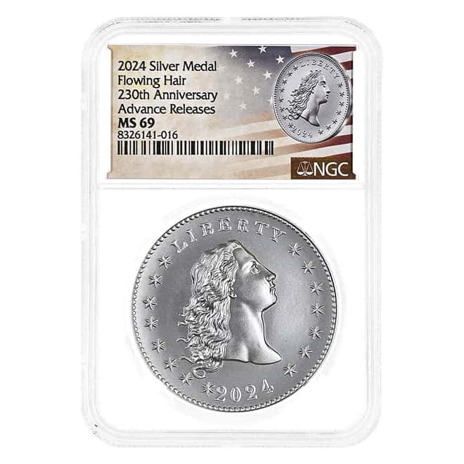 2024 1 oz Flowing Hair Silver Medal 230th Ann. NGC MS 69 AR