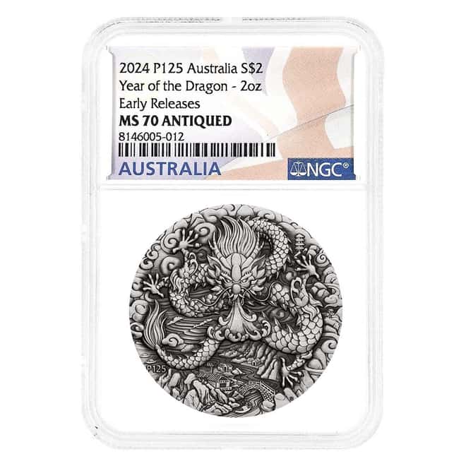 2024 2 oz Antiqued Silver Lunar Dragon Australian Perth Mint NGC MS 70 ER