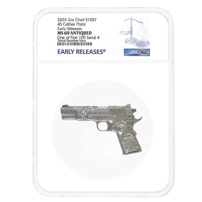 2024 Chad 2 oz Silver .45 Caliber Pistol Handgun NGC MS 69 ER One of First 100