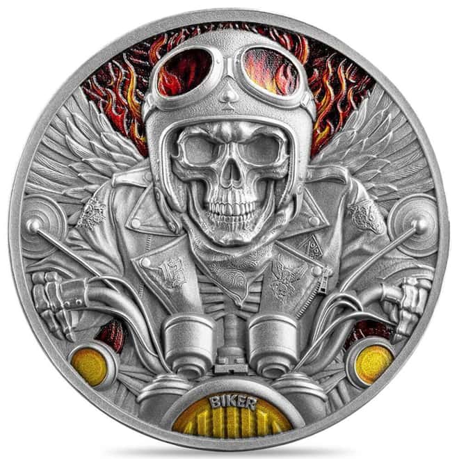 2024 Ghana 1 oz Biker Memento Mori Antiqued High Relief Silver Coin