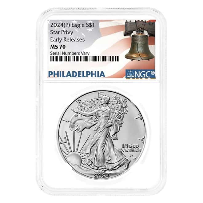 2024 (P) Star Privy 1 oz Silver American Eagle NGC MS 70 ER Liberty Bell