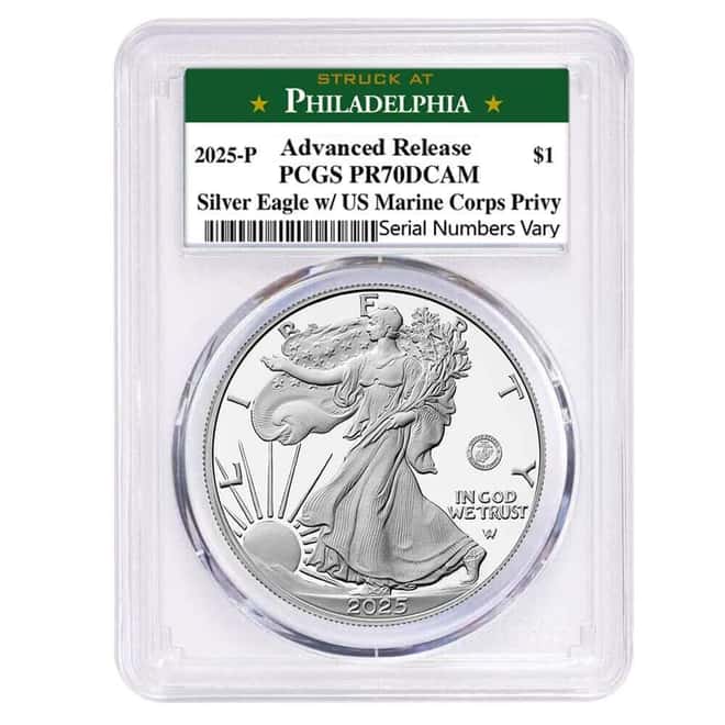 2025-P Marine Corps Privy 1 oz Proof Silver American Eagle PCGS PF 70 AR Philadelphia