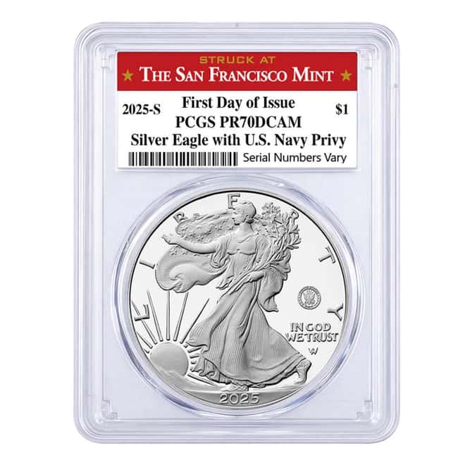 2025-S Navy Privy 1 oz Proof Silver American Eagle PCGS PF 70 FDOI SF Label