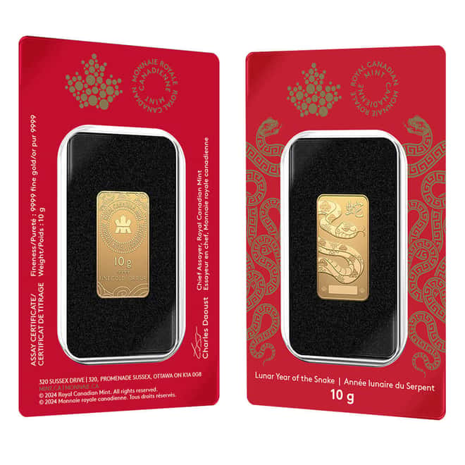 2025 10 Gram Royal Canadian Mint RCM Lunar Snake Gold Bar .9999 Fine (in Assay)