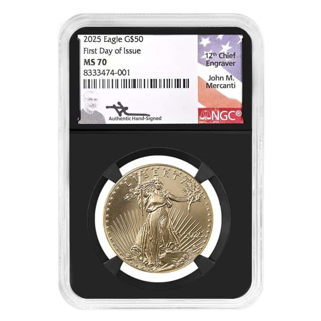 2025 1 oz $50 Gold American Eagle NGC MS 70 FDOI Retro (John M. Mercanti)