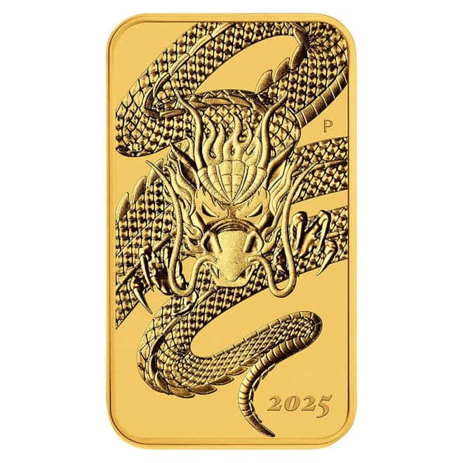 2025 1 oz Gold Australian Dragon Rectangular Coin Bar (in Assay)