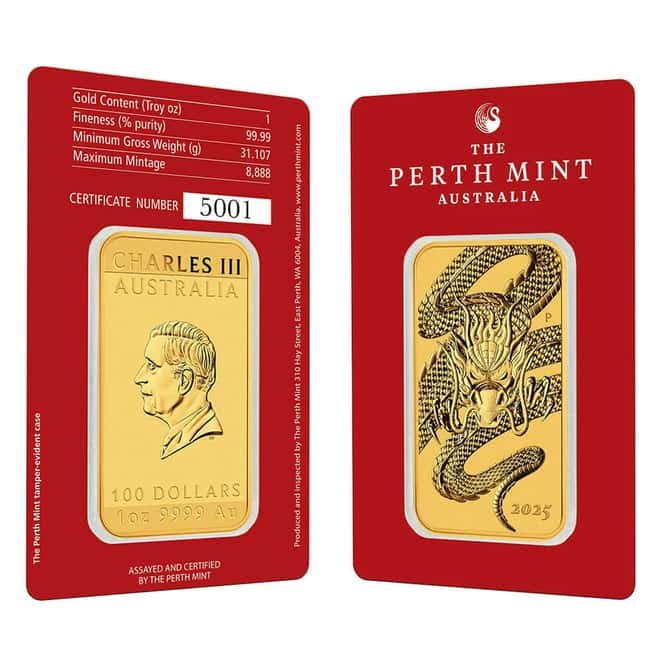 2025 1 oz Gold Australian Dragon Rectangular Coin Bar (in Assay)
