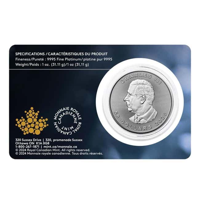 2025 1 oz Platinum Canadian Maple Leaf $50 Coin BU (in Assay)
