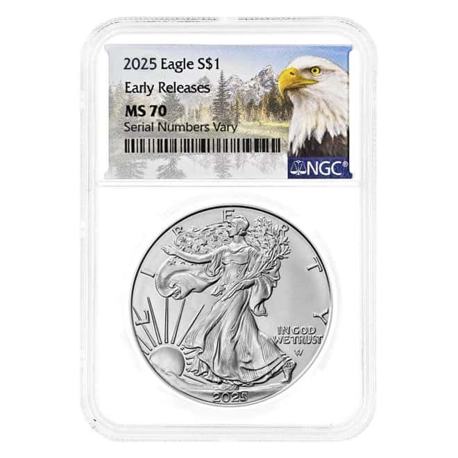 2025 1 oz Silver American Eagle NGC MS 70 ER Mountain Label