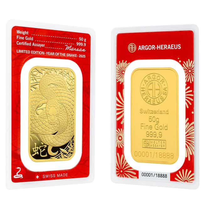 2025 50 Gram Argor Heraeus Lunar Snake Gold Bar .9999 Fine (in Assay)