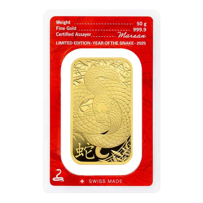 2025 50 Gram Argor Heraeus Lunar Snake Gold Bar .9999 Fine (in Assay)