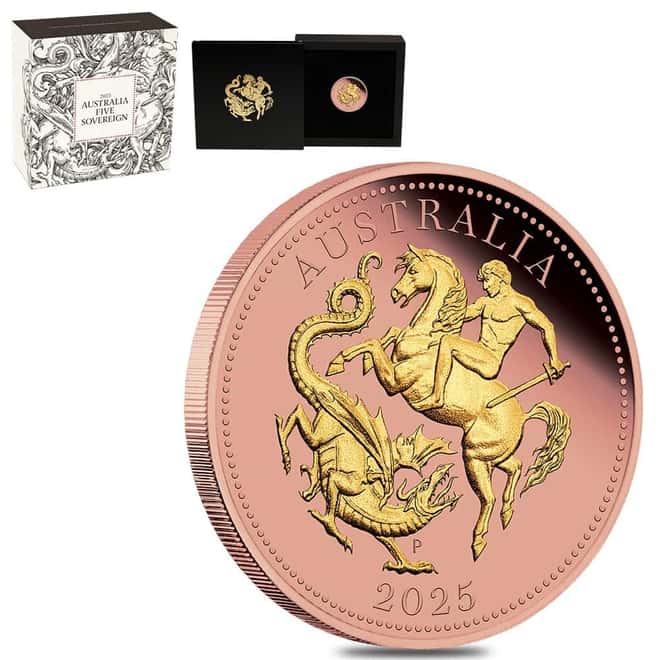 2025 Australia Five Sovereign Reverse Gilded Proof Gold Coin Perth Mint