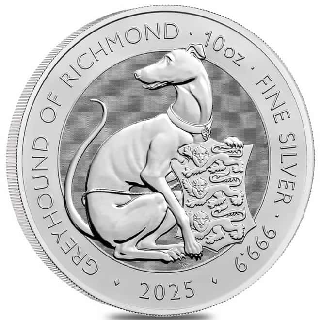 2025 Great Britain 10 oz Tudor Beasts Greyhound of Richmond Silver Coin .9999 Fine BU