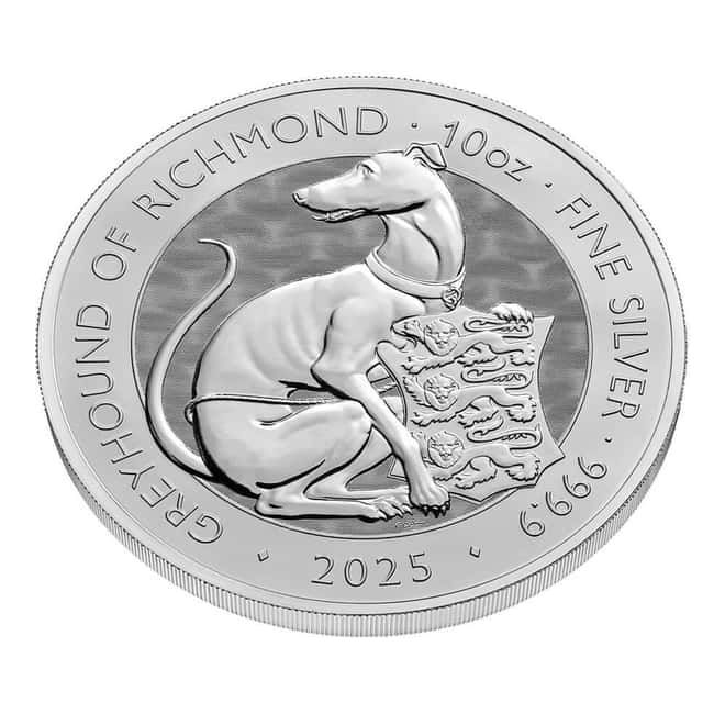 2025 Great Britain 10 oz Tudor Beasts Greyhound of Richmond Silver Coin .9999 Fine BU