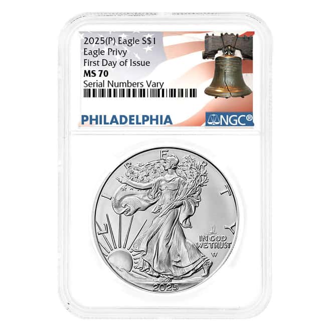2025 Eagle Privy 1 oz Silver American Eagle NGC MS 70 FDOI Liberty Bell