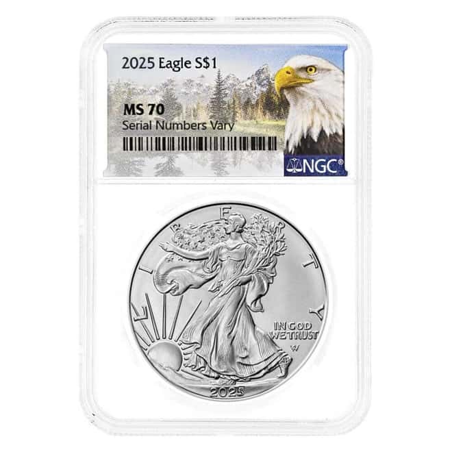2025 1 oz Silver American Eagle NGC MS 70 Mountain Label