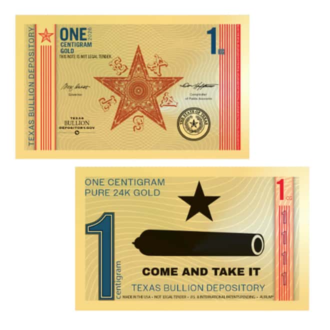 Pack of 200 - 2026 1 Centigram Texas Lonestar Redback 24K Gold Foil Aurum Note