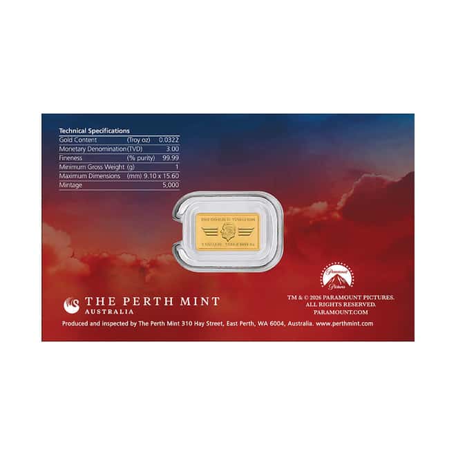 2026 1 Gram 40 Years of Top Gun Gold Rectangle Coin Bar Perth Mint