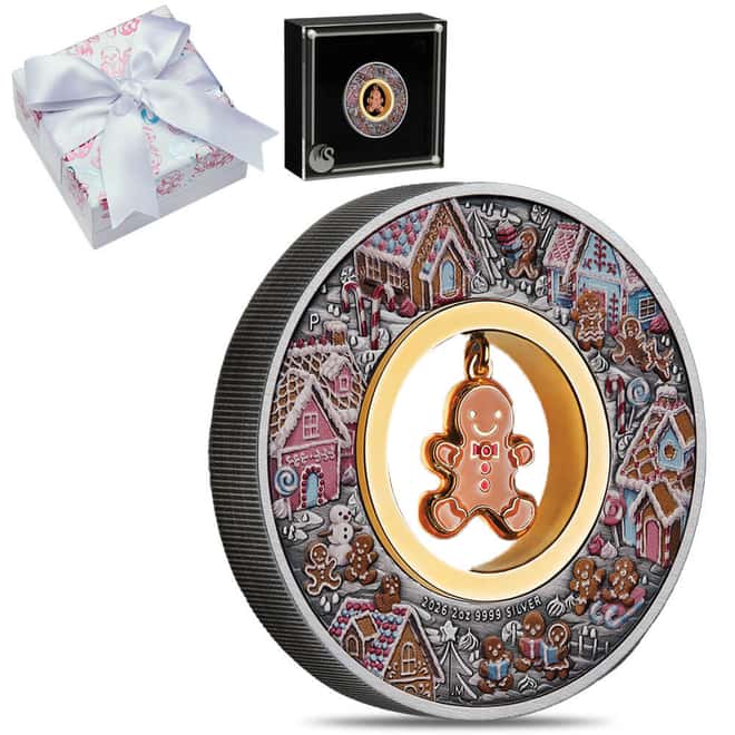 2026 2 oz Gingerbread Christmas Antiqued Colorized Silver Coin Perth Mint